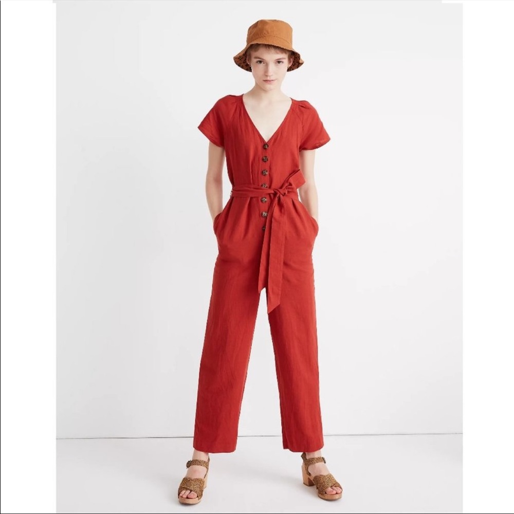 Linen-Cotton Pleat-Sleeve Jumpsuit EUCD